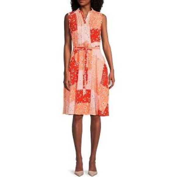 Nanette Lepore 8 Sleeveless Belted Shirt Dress Orange Patchwork Floral Chiffon - Picture 4 of 15